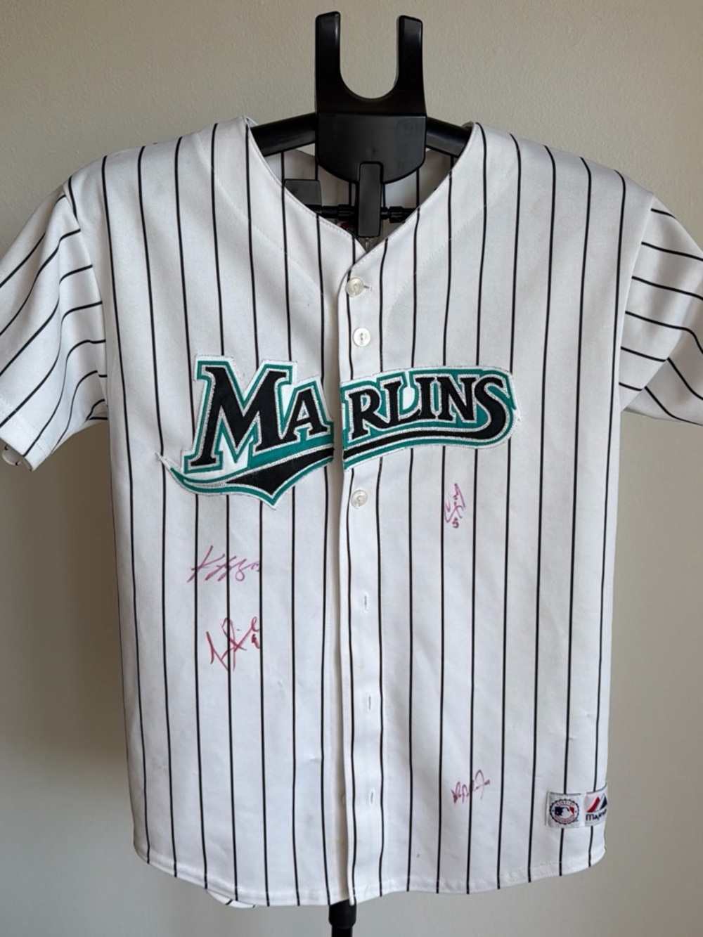Majestic White Pinstripe Marlins Jersey with Teal & Black Logo